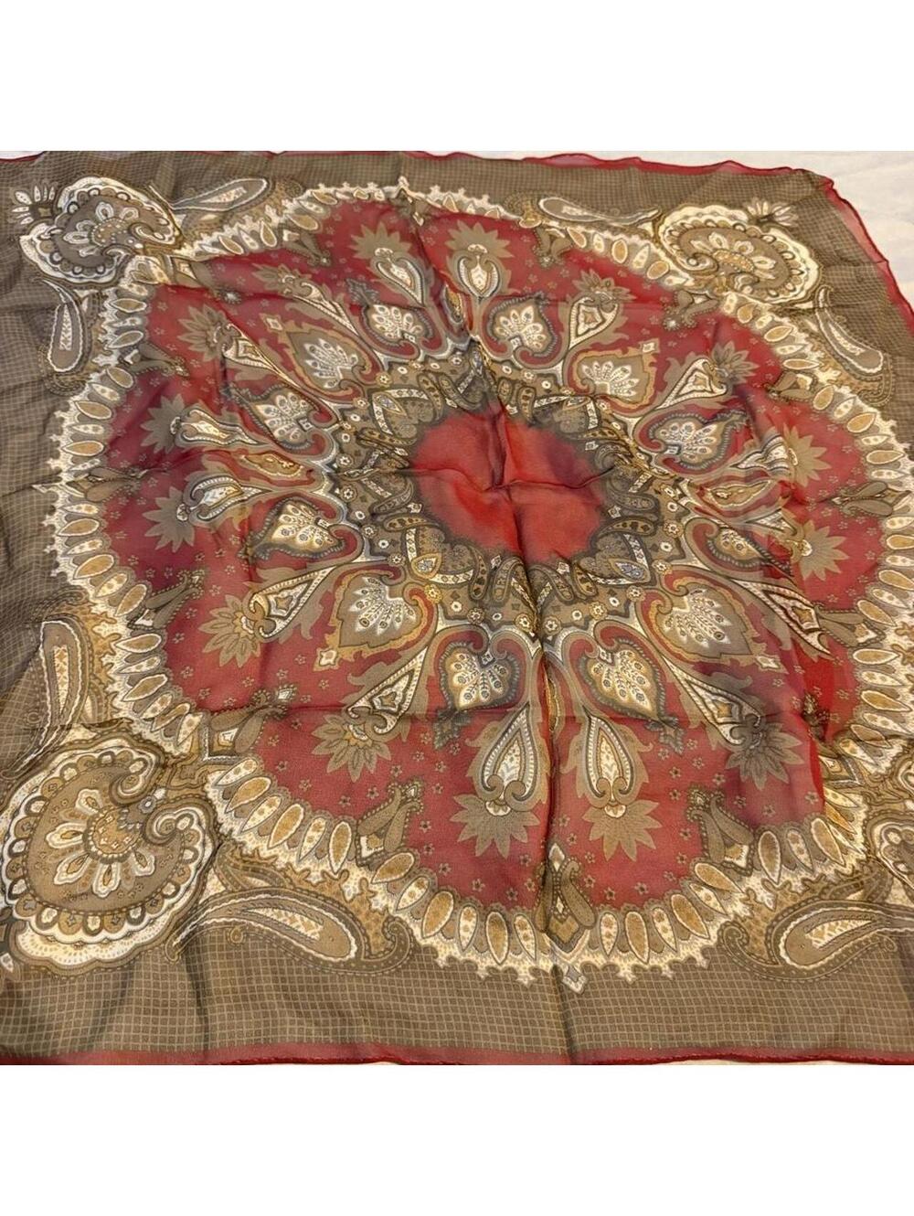 Vintage Paisley Patterned Scarf with Red and Brown Tones